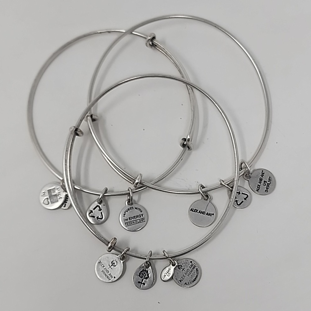 Alex and Ani Silver Tone Expandable Charm Bangles – Infused With Energy Lot Of 3